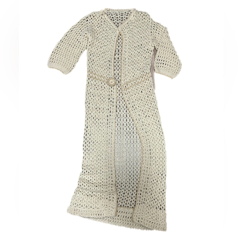 Cream Long Cardigan with Open Knit and Tie Closure
